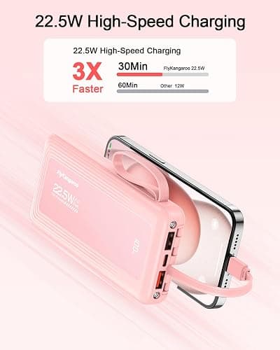 FlyKangaroo Powerbank mit integrierten Kabeln, 10000mAh, 22,5W Schnellladefunktion, USB-C LED-Anzeige, tragbares Ladegerät mit 6 Ausgängen & 2 Eingängen für iPhone, Samsung, Pixel, LG, Moto, pink thumbnail 2