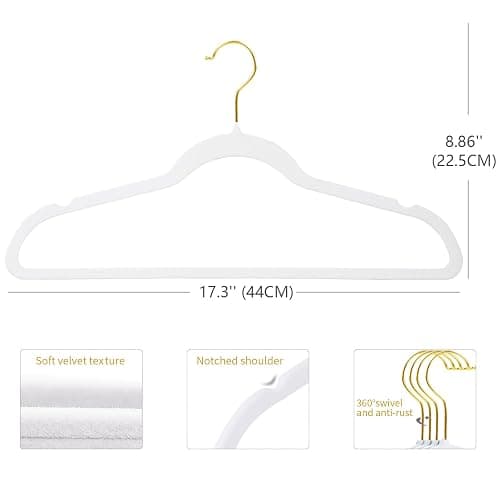 ManGotree Velvet Coat Hangers with 360° Swivel Gold Hook, Non-Slip Felt Suit Hangers, Ultra-Thin Space Saving Clothes Hanger for Jacket, Sweater, Shirt, Dress, Pants (66 Pack, White) thumbnail 3