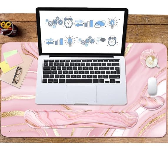 Keyboard Mouse Pad Set, Extended Mouse Pad+Keyboard Wrist Rest Support, Memory Foam Ergonomic Easy Typing, 3Pcs (35.4×15.7 in) Desk Pad Set for Home Office Study Game- Pink Gold thumbnail 6