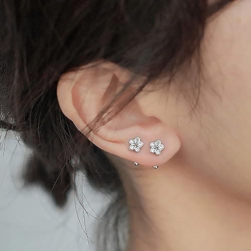 THOKUNA 18K Gold Plated Sterling Silver Cubic Zirconia Screw Back Small Trendy Dainty Cute Flower Stud Earrings for Women with Jewelry Rose Box thumbnail 4