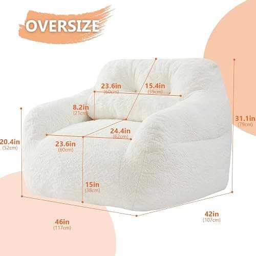 EBENCHICO Bean Bag Chair for Adults with Pillow,Oversized Bean Bag Couch for Adults and Kids,Giant Lazy Couch Sofa Chairs with Filler,Large Reading Chair for Living Room Bedroom,White thumbnail 2