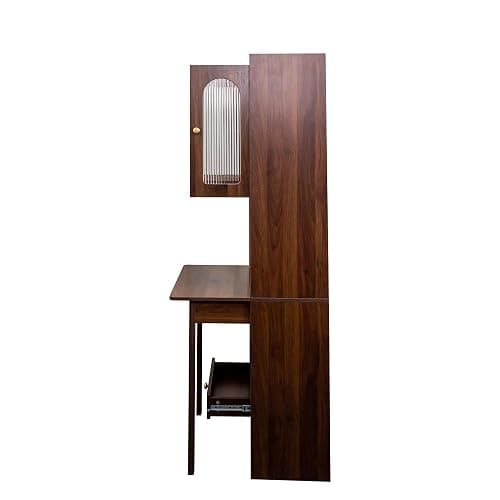 LUMISOL Fold-Out Home Office Desks Writing Table with Glass Doors, Drawers, Bookshelf & Storage Shelves, Modern Wooden Convertible Workstation for Work, Study, Walnut thumbnail 5