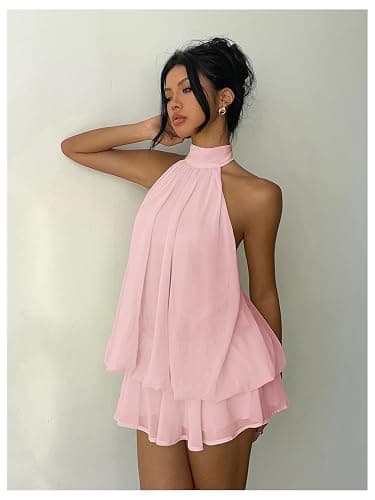 Verdusa Women's Chiffon Halter Drop Waist Wedding Guest Dresses Ruffle Summer Loose Fit Mini Dress Brunch Outfits thumbnail 5