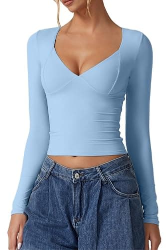QINSEN Women's Long Sleeve V Neck T Shirts Double Lined Crop Top Seamed Cup Going Out Tops - Image 1