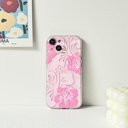 Lovmooful Compatible for iPhone 15 Case Cute Clear Hibiscus Flower Floral Aesthetic Printed Design for Girls Women Soft TPU Shockproof Protective Girly for iPhone 15-Big Pink Flower thumbnail 4