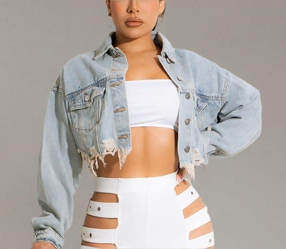 HTD Women's Cropped Jean Jacket Button Up Long Sleeve Ripped Distressed Denim Jacket Frayed Hem thumbnail 5