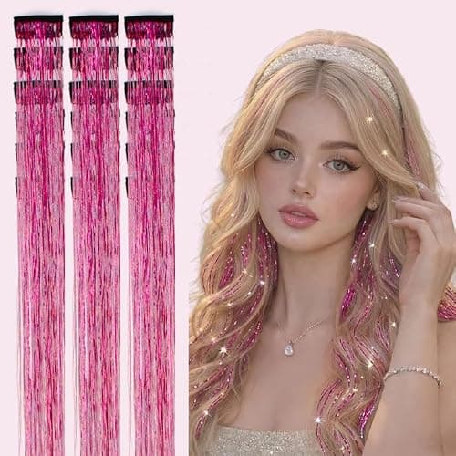 Plenday Hot Pink Hair Tinsel Clip In,18Pcs 24 Inch Fairy Hair Accessories | Beginners Friendly,Heat Resistant,Glitter Hair,Back to School Birthday Stage Party, Gift Festival,Cosplay,Women/Girls/Teen - Image 1
