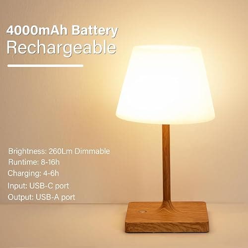 Cordless Table Lamp Waterproof,4000mAh Battery Rechargeable Desk Lamp for Indoor & Outdoor Use,3 Color-Temps & Dimmable LED Night Light for Shower Bedroom Restaurant Bathroom Home 10.8" H- Wood Grain thumbnail 4