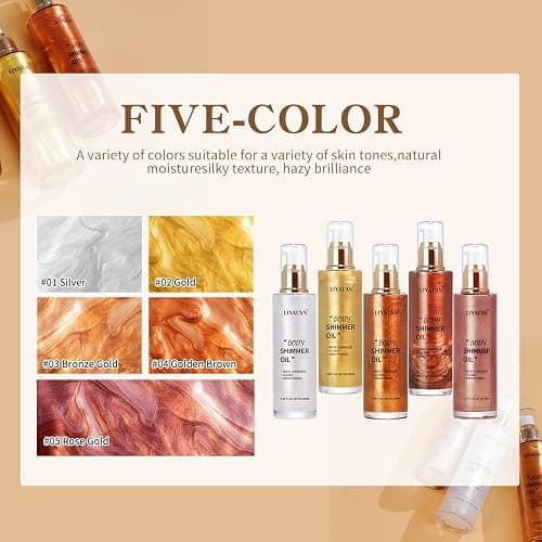 Liyalan Shimmer Body Oil 5 Color Gold 3.38 Fl Oz Face Glow Pearl Highlighter Illuminator Body Makeup Shine Glitter Gold Liquid Taning thumbnail 6