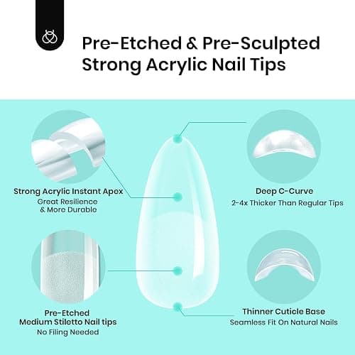Beetles Tipex Instant Apex Nail Tips Almond Medium 16 Sizes 192 Pcs Pre-Etched Pre-Building Strong Thick Acrylic Tips thumbnail 4