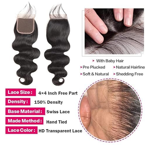Bundles Human Hair Body Wave Bundles with Closure 100% Unprocessed Brazilian Virgin Human Hair Body Wave 3 Bundles with 4x4 Lace Closure Free Part for Black Women 16 18 20+14 inch thumbnail 5