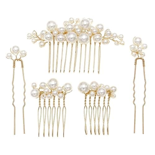 Sppry Pearl Hair Combs and Hair Pins for Bridal Women, Decorative Hair Accessories for Wedding Prom, Set of 5 (Gold) - Image 1