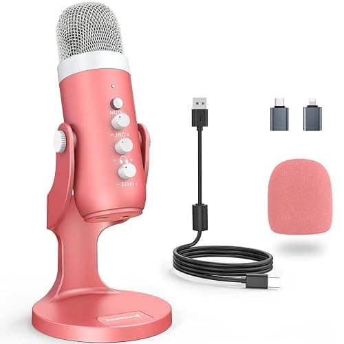 ZealSound Gaming USB Pink Microphone with Quick Mute for Phone Computer PC PS5,Studio Mic with Gain Control,Echo&Monitor Volume Adjust for Streaming Vocal Recording ASMR Podcast Video K66 - Image 1