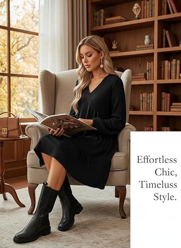 Dokotoo Fall Dresses for Women 2025 Long Sleeve V Neck Lightweight Ribbed Knit Empire Waist Casual A Line Swing Mini Dress thumbnail 4