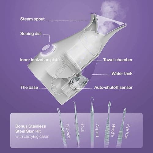 NanoSteamer Large 3-in-1 Nano Ionic Facial Steamer with Precise Temp Control - Humidifier - Unclogs Pores - Blackheads - Spa Quality - Bonus 5 Piece Stainless Steel Skin Kit (Lilac) thumbnail 2