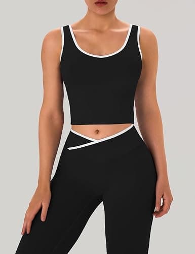 OLCHEE Womens Workout Sets 2 Piece Gym Yoga Outfits Crossover Flare Leggings Crop Tank Top with Contrast Trim thumbnail 6