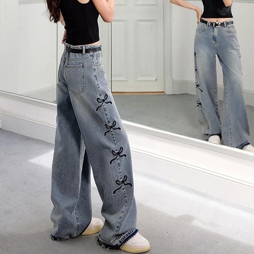 kakarin choyx Fashion Women's Jeans Y2K High Waist Casual Vintage Baggy Straight Cut Cute Bow Embroidered Denim Pants thumbnail 7