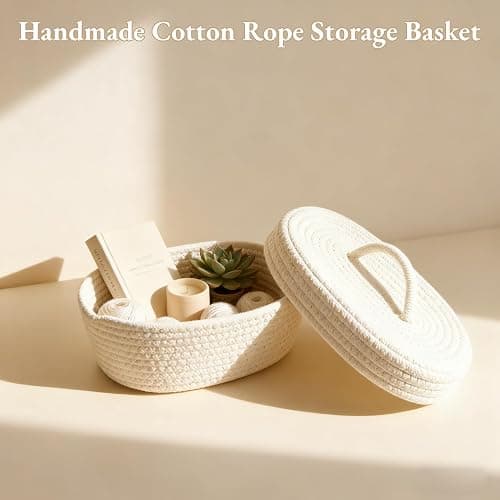 AUNMAS Oval Cotton Rope Storage Basket with Lid, Lidded Woven Storage Container Multifunctional Desktop Storage Box for Makeup Sundries Snack Needles (Milky White) thumbnail 8
