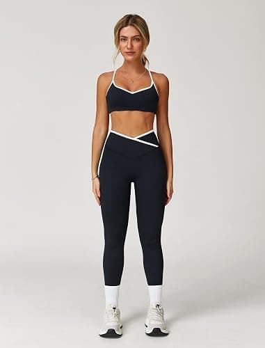 ABOCIW Workout Sets for Women 2 Piece Color Block Strappy Sports Bra High Waist Leggings Gym Yoga Pilates Outfits thumbnail 2
