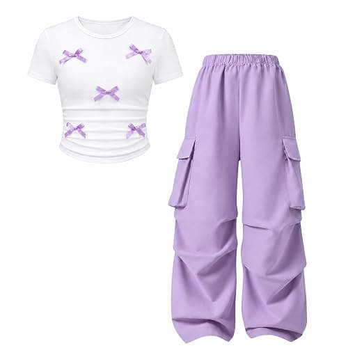 Zylvae Girls 2 Piece Clothes Cute Bow Decoration T-Shirt Top + Cargo Pants Teen Girl 2pcs Outfit Set, Size 8-13 Years - Image 1
