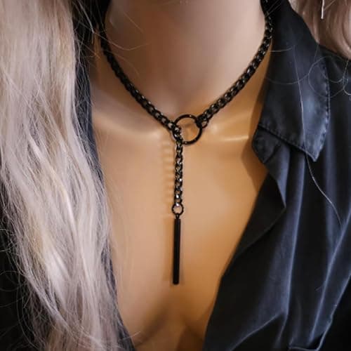 Heart O ring Slip Chain Necklaces for Women Stainless Steel Cuban Chain Bar Necklace Punk Rock Collar Necklace Handmade Adjustable Lariat Y Necklaces for Men thumbnail 3