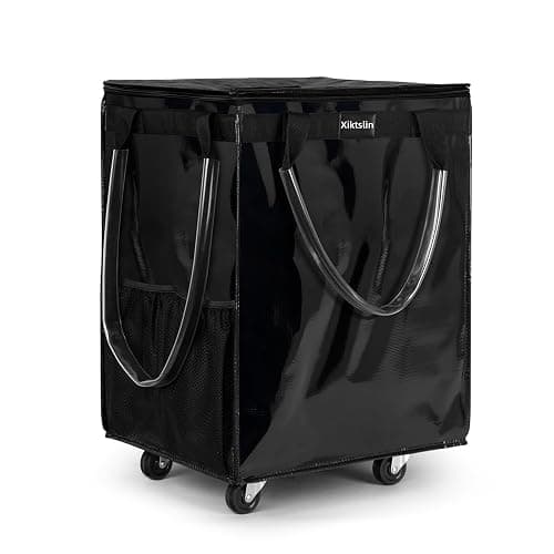 (Large, Black) Reusable Grocery Bag on 5 Wheels, Foldable Rolling Tote Carries Up to 76lb Shopping Trolley, Rolling Bag with 3 Handles, Zipper Clouser Rolling Tote Bag with Wheels for Laundry - Image 1
