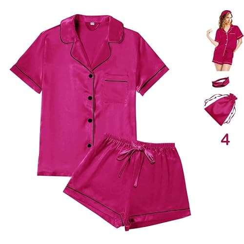 4Pcs Womens Satin Silky Pajama Sets Short Sleeve Shirt XS-4XL Floral Pajamas Set Soft PJ Loungewear Sleepwear - Image 1