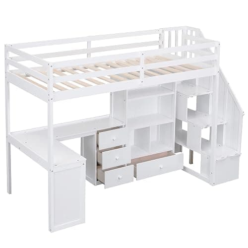Harper & Bright Designs Twin Size High Loft Bed with L-Shaped Desk, Wood Twin Loft Bed with Storage Drawers and Cabinets, White thumbnail 2