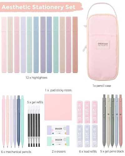 SKYDUE Cute School Supplies 38 PCS, Pencil Case with 12 Pastel Highlighters, 5 Black Gel Pens, Mechanical Pencils, College Essentials Students Stationary Set Pink thumbnail 8