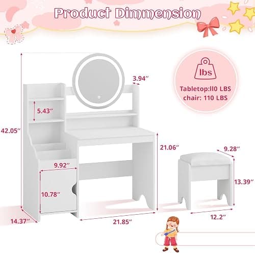 Vabches Kids Vanity with Lights, Toddler Vanity Table and Chair Set | Princess Makeup Vanity Desk with Open Bookshelf, Storage Cabinet & Shelves, Pretend Play Vanity Set for Little Girls, White thumbnail 2