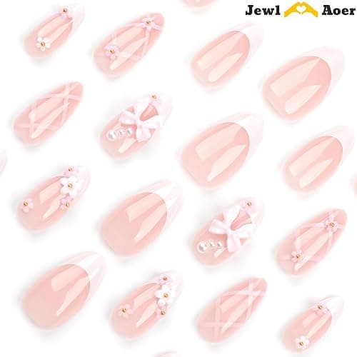 Jewl Aoer Press on Nails Short Almond Pink Artificial Fake Nails 3D Bow Tie Flower Stick On Nail with French Tip Acrylic Reusable Press Ons False Nails Kit for Women Girls-24pcs thumbnail 9