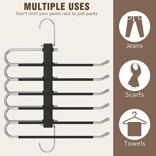 HUITEM 4 Pack 6-Tier Space Saving Pant Hangers, Anti-Slip, Lightweight, Stainless Steel, Black, 6 Pairs Jeans Hangers - 4 Pack - Black thumbnail 7