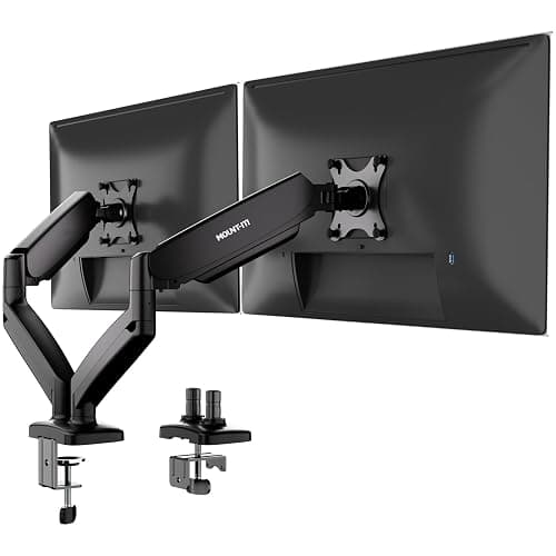 Mount-It! Dual Monitor Desk Mount – Full Motion Gas Spring Arms, Fits 13 to 32 Inch Screens, Holds 17.6 lbs per Arm, Dual Monitor Stand, VESA Mount, C-Clamp & Grommet Base - Image 1