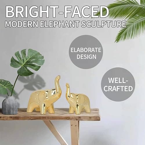 prosfalt A Pair Elephant Statue Home Decor,Modern Style Figurines,Sculpture for Office Desktop Bookshelf Living Room (Ceramics Gold) thumbnail 6