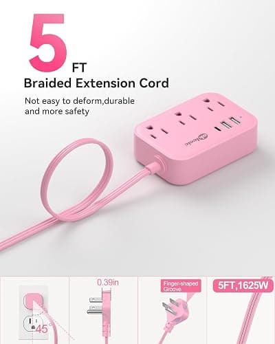Pink Power Strip - 5Ft Extension Cord with 3 USB(1 USB C) Charging Station and 3 Outlets, Pink Desk Accessories for Cruise Travel Cute Kawaii College Dorm Desk Home Essentials thumbnail 5