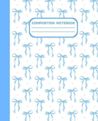 Cute Preppy Aesthetic Composition Notebook with Blue & White Pastel Coquette Bows: Wide Ruled Journal for Girls, Kids, Teens; Perfect Gift for Girl | 110 Pages, Lined Paper, 7.5 X 9.25" - Image 1