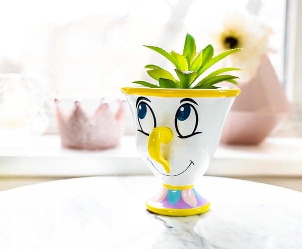 Silver Buffalo Disney Beauty and The Beast Chip 3-Inch Ceramic Mini Planter with Artificial Succulent | Small Flower Pot, Faux Indoor Plants for Desk Shelf, Home Decor Trinket Tray and Collectibles thumbnail 3