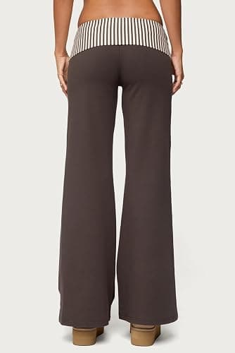 Women Y2k Foldover Pants Wide Leg Flare Sweatpants Low Rise Lounge Bottoms | Fold over Color Block Leggings, Cute Straight Leg Yoga Pj Pants thumbnail 4