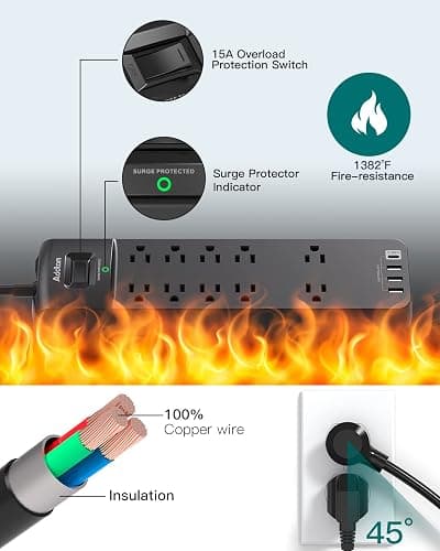 Power Strip - Addtam Surge Protector with 10 Outlets and 4 USB Ports, 6 Feet Extension Cord with Flat Plug, 2700 Joules, ETL Listed, Black thumbnail 6