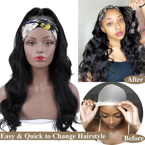 Colorful Queen Glueless Headband Wig Long Black Body Wave Headband Wigs for Black Women Synthetic Natural Looking Wavy Wig Heat Resistant 180% Density (26inch, 1B#) thumbnail 3