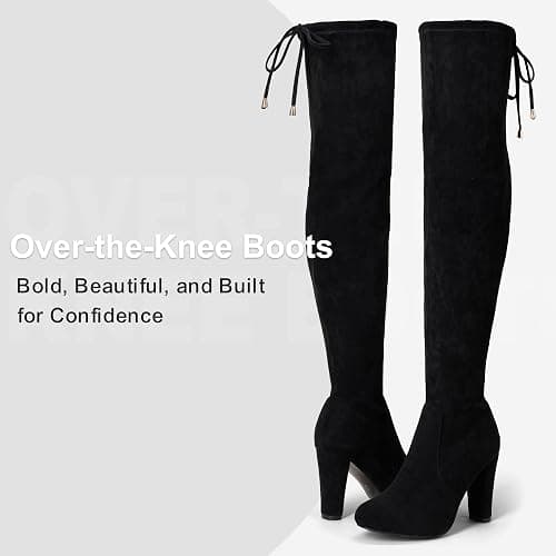 HALL. COST. Women's Suede Thigh High Over the Knee Boots with Block Heel | Above knee heeled silhouette, Tall shaft, Long boot shape, Inside zipper, 3.5 in heel, Skirt and jeans styling, Concerts thumbnail 5