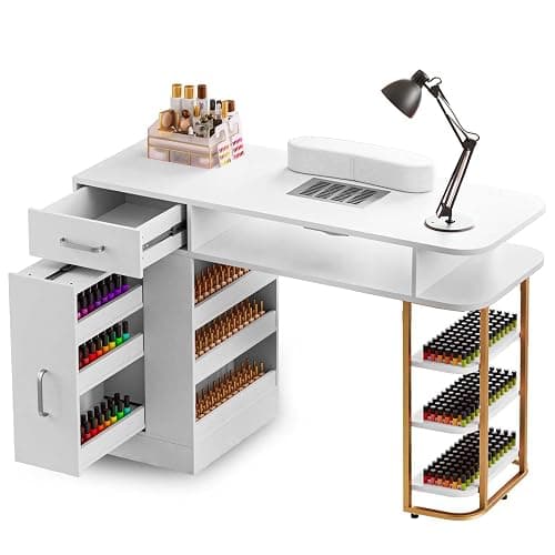 TABU Professional Manicure Table, Large Nail Table for Nail Tech with Pull-Out Drawers& Opening Storage Cabinets, Nail Workstation with Dust Collector, Wrist Cushion, White - Image 1