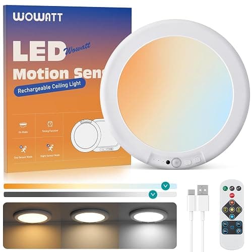 wowatt Battery Operated Ceiling Light Rechargeable Ceiling Lights with Remote Wireless Shower Lighting 3000K 4500K 6500K 7.48in Dimmable Timing Overhead Light for Closet Shower Living Room - Image 1