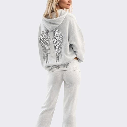 Angel Wings Hoodie Sweatsuit for Women 2 Piece Sparkly Sequin Wing Hoodie and Wide Leg Pants Set Trendy Casual Tracksuits thumbnail 3