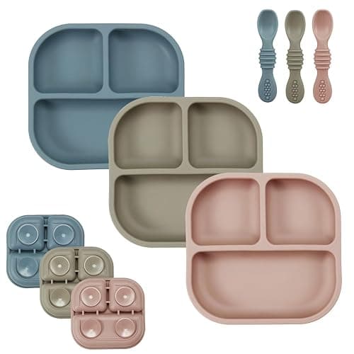 PandaEar 3 Pack Baby Plates with Suction and 3 Spoons, Silicone Toddler Plates for Baby Toddlers Infant Kids, Divided Plate Toddler Suction Plates, Non-Slip, Non-Toxic, BPA Free - Image 1