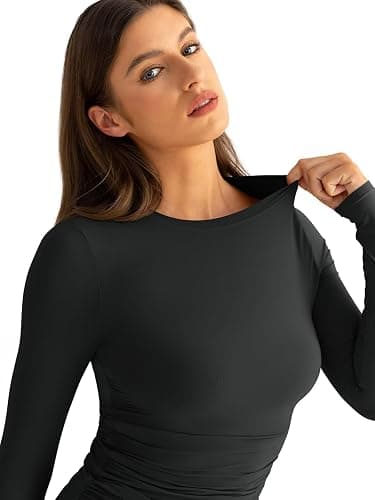 EasyGala Womens Double Lined Long Sleeve Shirts Crewneck Ruched Top Tight Fitted Basic Tee Fall Going Out Outfits 2026 thumbnail 2