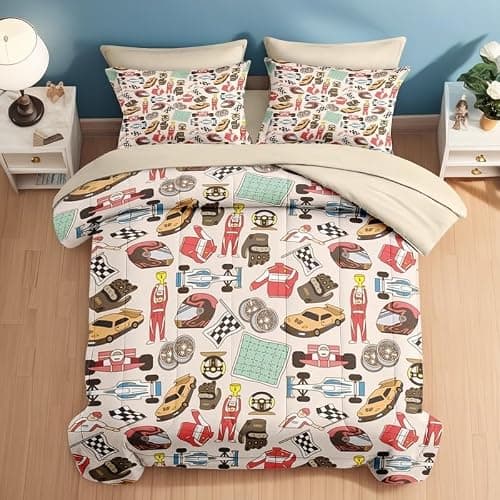 Pamnest Comforter Set Twin Size, Racing Car Competition 5 Pcs Bedding for Kids and Adults, Race Game Cute Wheel Bed Sheet Sets with Fitted Sheet Pillowcase & Sham for Bedroom Bed Decor - Twin - Cartoon Car 1 - Image 1