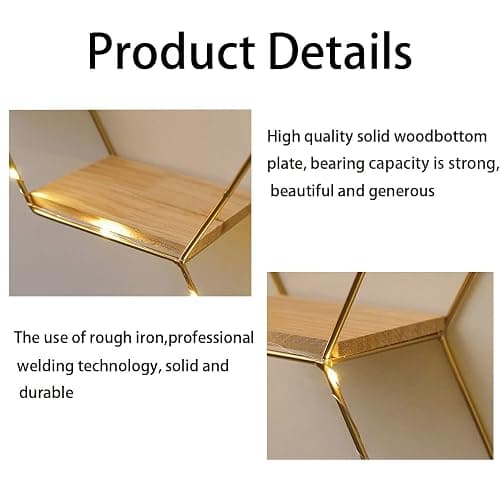 Liywall - Hexagon Floating Shelves Wall Decor, Gold Metal Wire and Wood Wall Mounted Storage Shelf Home Decorations Art for Bedroom Living Room Kitchen Bathroom, Set of 3 with LED Lights - Gold thumbnail 5