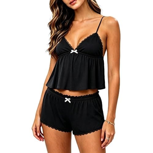 XBTCLXEBCO Lace Pajama Sets for Women 2 Piece Sexy Sleeveless Cami Tank Top and Shorts Pj Set Y2K Matching Lounge Sleepwear - Image 1