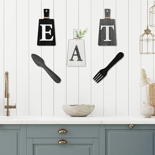Jetec Cutting Board Eat Sign Set Hanging Art Kitchen Eat Sign Fork and Spoon Wall Decor Rustic Primitive Country Farmhouse Kitchen Decor for Home Decoration(Black, White, Gray) thumbnail 5